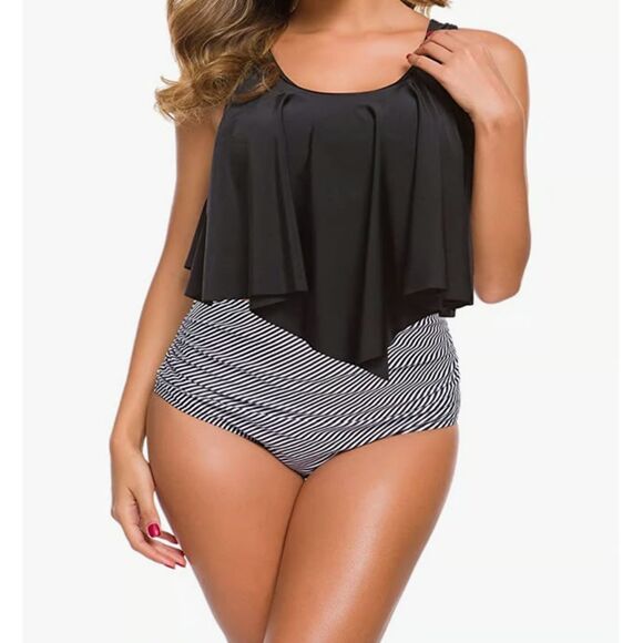 👙 Souqfone Tummy Control Black White Striped Tankini Size L - NWT - Picture 1 of 9